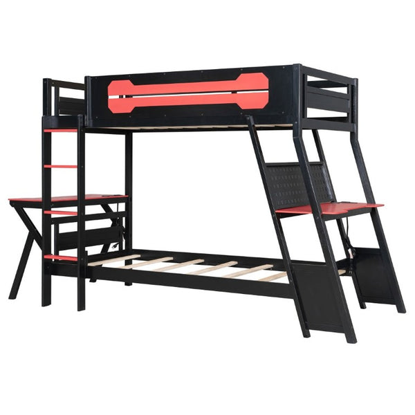English Elm Twin Gaming Bunk Bed with Dual Desks USB Charging Ports and Pegboard Storage Red LT000273AAR