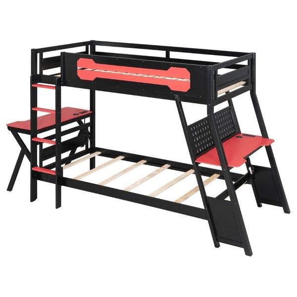 English Elm Twin Gaming Bunk Bed with Dual Desks USB Charging Ports and Pegboard Storage Red LT000273AAR