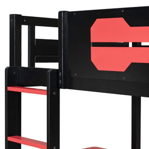 English Elm Twin Gaming Bunk Bed with Dual Desks USB Charging Ports and Pegboard Storage Red LT000273AAR