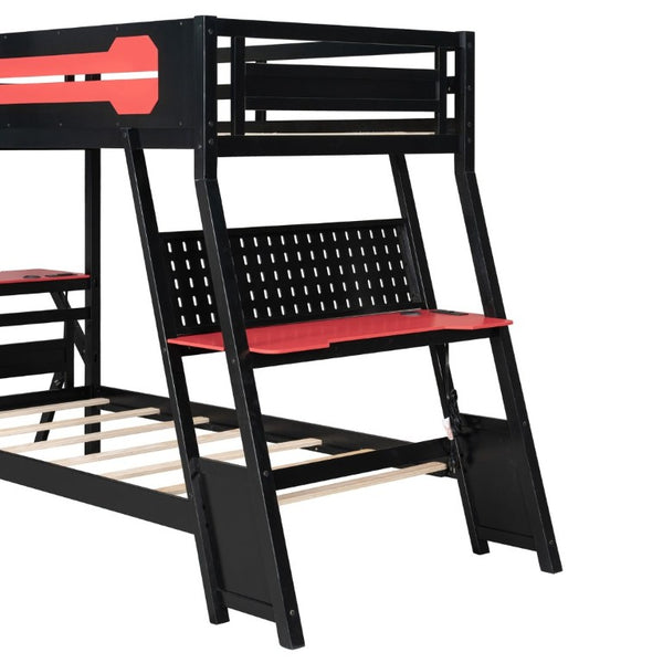 English Elm Twin Gaming Bunk Bed with Dual Desks USB Charging Ports and Pegboard Storage Red LT000273AAR