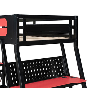 English Elm Twin Gaming Bunk Bed with Dual Desks USB Charging Ports and Pegboard Storage Red LT000273AAR