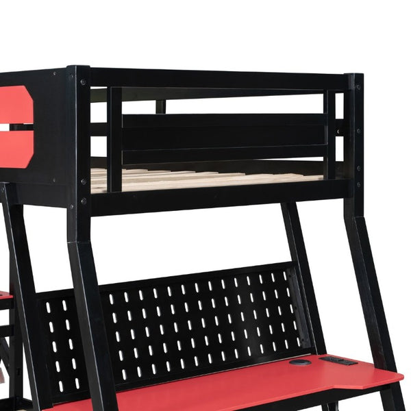 English Elm Twin Gaming Bunk Bed with Dual Desks USB Charging Ports and Pegboard Storage Red LT000273AAR