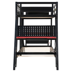 English Elm Twin Gaming Bunk Bed with Dual Desks USB Charging Ports and Pegboard Storage Red LT000273AAR