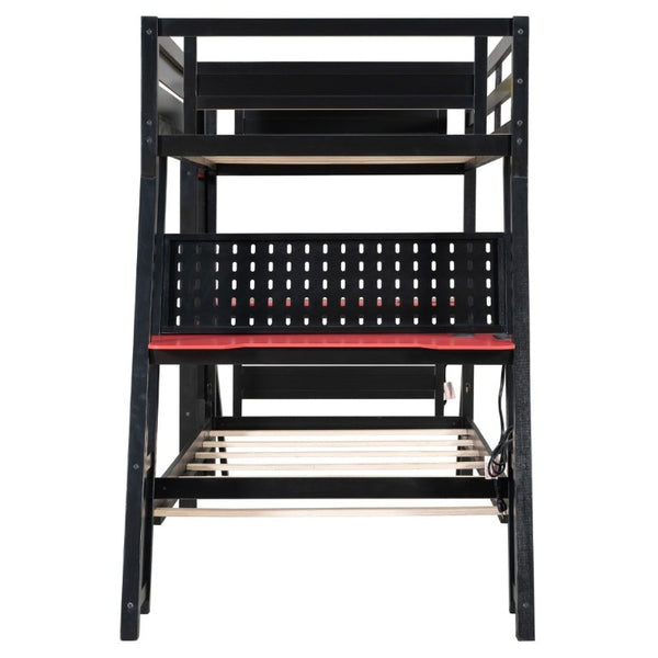 English Elm Twin Gaming Bunk Bed with Dual Desks USB Charging Ports and Pegboard Storage Red LT000273AAR