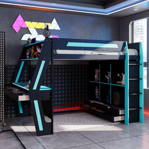 English Elm Full Size Gaming Loft Bed with Rgb Lighting Desk Usb Ports Drawers and Storage Cubbies Black+Blue LT000287AAC