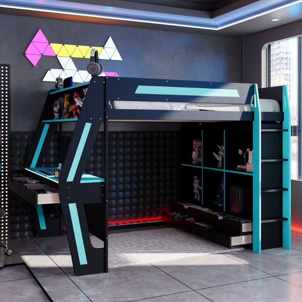English Elm Full Size Gaming Loft Bed with Rgb Lighting Desk Usb Ports Drawers and Storage Cubbies Black+Blue LT000287AAC