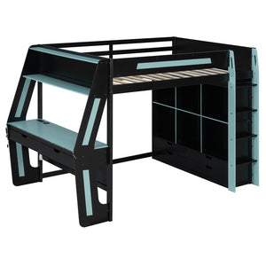 English Elm Full Size Gaming Loft Bed with Rgb Lighting Desk Usb Ports Drawers and Storage Cubbies Black+Blue LT000287AAC