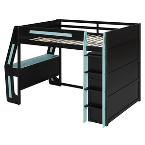English Elm Full Size Gaming Loft Bed with Rgb Lighting Desk Usb Ports Drawers and Storage Cubbies Black+Blue LT000287AAC