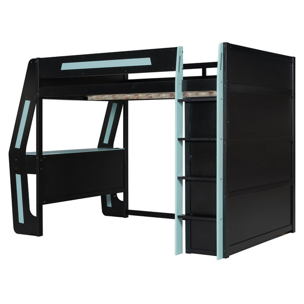 English Elm Full Size Gaming Loft Bed with Rgb Lighting Desk Usb Ports Drawers and Storage Cubbies Black+Blue LT000287AAC
