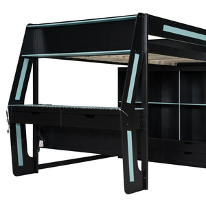 English Elm Full Size Gaming Loft Bed with Rgb Lighting Desk Usb Ports Drawers and Storage Cubbies Black+Blue LT000287AAC