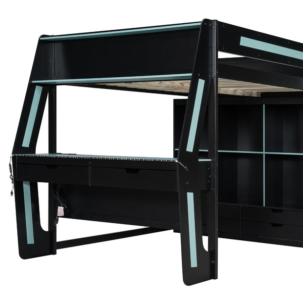 English Elm Full Size Gaming Loft Bed with Rgb Lighting Desk Usb Ports Drawers and Storage Cubbies Black+Blue LT000287AAC