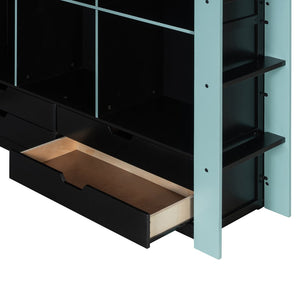 English Elm Full Size Gaming Loft Bed with Rgb Lighting Desk Usb Ports Drawers and Storage Cubbies Black+Blue LT000287AAC