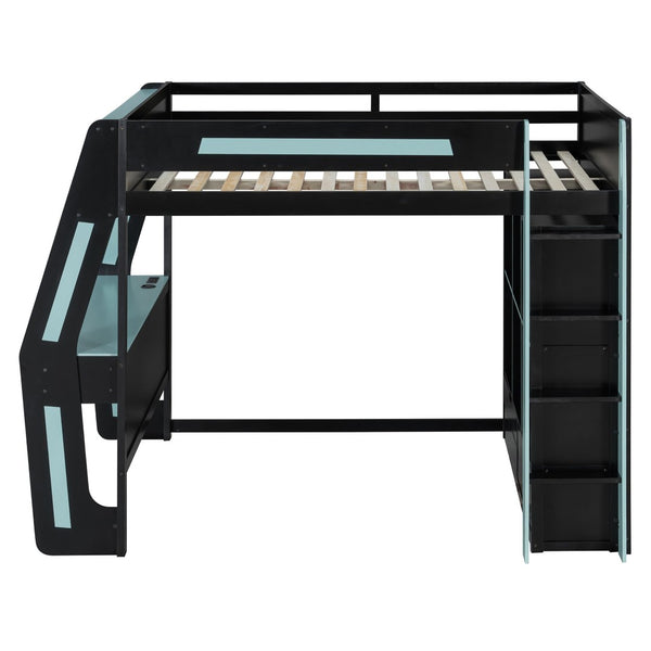 English Elm Full Size Gaming Loft Bed with Rgb Lighting Desk Usb Ports Drawers and Storage Cubbies Black+Blue LT000287AAC
