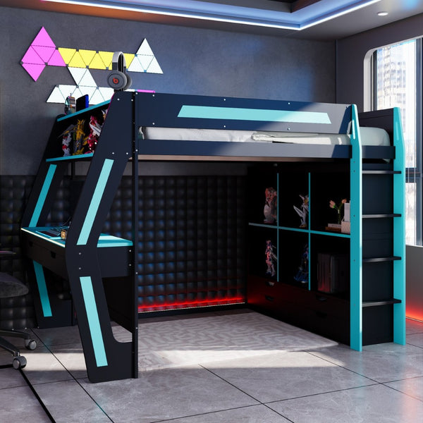 English Elm Full Size Gaming Loft Bed with Rgb Lighting Desk Usb Ports Drawers and Storage Cubbies Black+Blue LT000287AAC