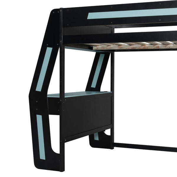 English Elm Full Size Gaming Loft Bed with Rgb Lighting Desk Usb Ports Drawers and Storage Cubbies Black+Blue LT000287AAC