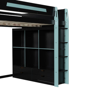 English Elm Full Size Gaming Loft Bed with Rgb Lighting Desk Usb Ports Drawers and Storage Cubbies Black+Blue LT000287AAC