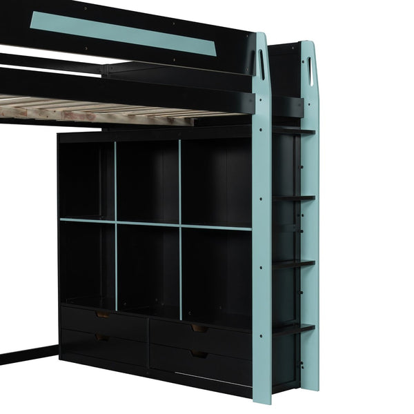 English Elm Full Size Gaming Loft Bed with Rgb Lighting Desk Usb Ports Drawers and Storage Cubbies Black+Blue LT000287AAC