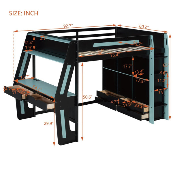 English Elm Full Size Gaming Loft Bed with Rgb Lighting Desk Usb Ports Drawers and Storage Cubbies Black+Blue LT000287AAC