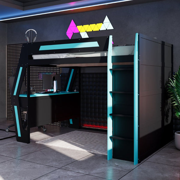 English Elm Full Size Gaming Loft Bed with Rgb Lighting Desk Usb Ports Drawers and Storage Cubbies Black+Blue LT000287AAC