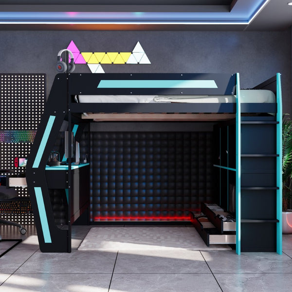 English Elm Full Size Gaming Loft Bed with Rgb Lighting Desk Usb Ports Drawers and Storage Cubbies Black+Blue LT000287AAC