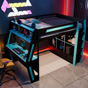 English Elm Full Size Gaming Loft Bed with Rgb Lighting Desk Usb Ports Drawers and Storage Cubbies Black+Blue LT000287AAC