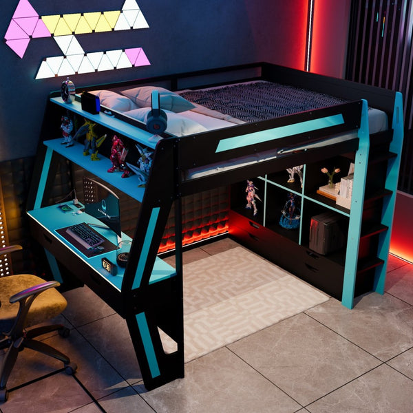 English Elm Full Size Gaming Loft Bed with Rgb Lighting Desk Usb Ports Drawers and Storage Cubbies Black+Blue LT000287AAC