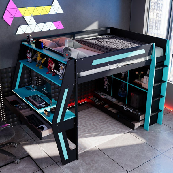 English Elm Full Size Gaming Loft Bed with Rgb Lighting Desk Usb Ports Drawers and Storage Cubbies Black+Blue LT000287AAC