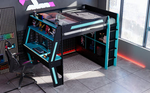 English Elm Full Size Gaming Loft Bed with Rgb Lighting Desk Usb Ports Drawers and Storage Cubbies Black+Blue LT000287AAC