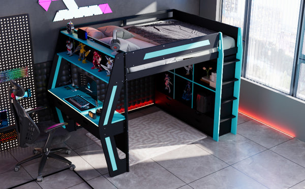 English Elm Full Size Gaming Loft Bed with Rgb Lighting Desk Usb Ports Drawers and Storage Cubbies Black+Blue LT000287AAC