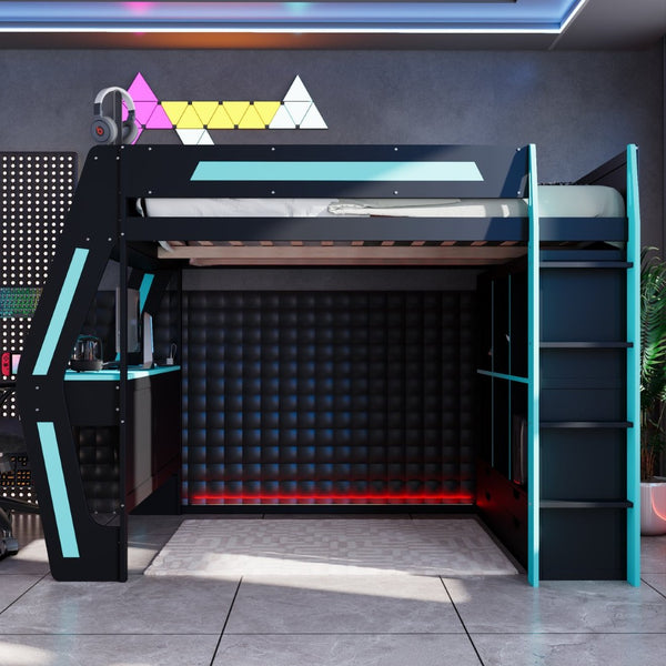 English Elm Full Size Gaming Loft Bed with Rgb Lighting Desk Usb Ports Drawers and Storage Cubbies Black+Blue LT000287AAC