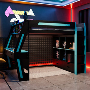 English Elm Full Size Gaming Loft Bed with Rgb Lighting Desk Usb Ports Drawers and Storage Cubbies Black+Blue LT000287AAC