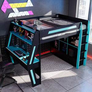 English Elm Full Size Gaming Loft Bed with Rgb Lighting Desk Usb Ports Drawers and Storage Cubbies Black+Blue LT000287AAC