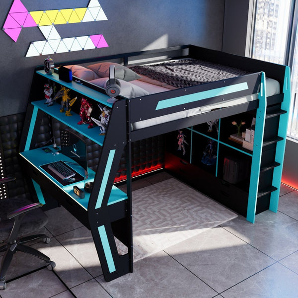 English Elm Full Size Gaming Loft Bed with Rgb Lighting Desk Usb Ports Drawers and Storage Cubbies Black+Blue LT000287AAC
