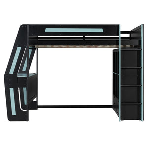 English Elm Full Size Gaming Loft Bed with Rgb Lighting Desk Usb Ports Drawers and Storage Cubbies Black+Blue LT000287AAC