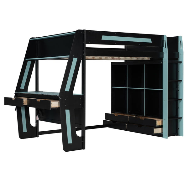 English Elm Full Size Gaming Loft Bed with Rgb Lighting Desk Usb Ports Drawers and Storage Cubbies Black+Blue LT000287AAC