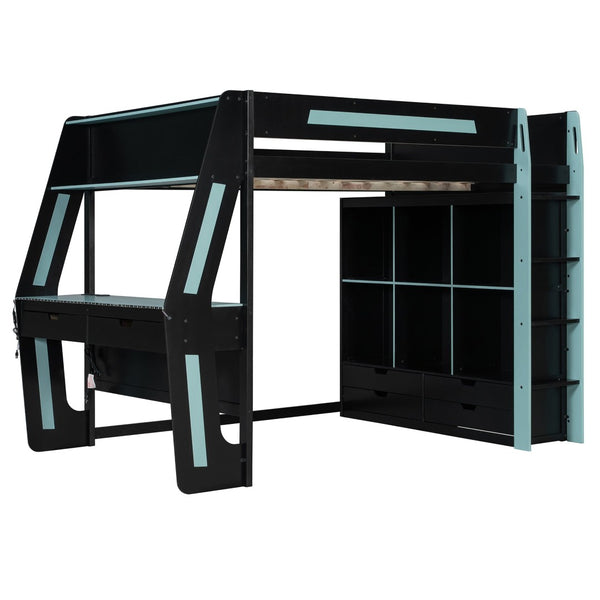 English Elm Full Size Gaming Loft Bed with Rgb Lighting Desk Usb Ports Drawers and Storage Cubbies Black+Blue LT000287AAC