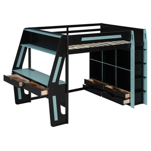 English Elm Full Size Gaming Loft Bed with Rgb Lighting Desk Usb Ports Drawers and Storage Cubbies Black+Blue LT000287AAC