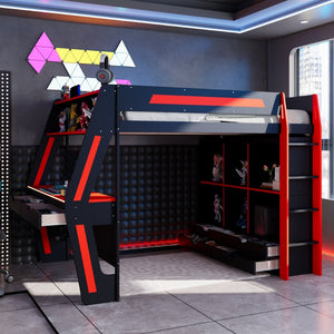 English Elm Full Size Gaming Loft Bed with Rgb Lighting Desk Usb Ports Drawers and Storage Cubbies Black+Red LT000287AAJ