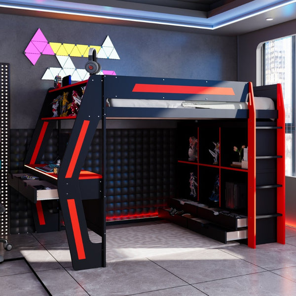 English Elm Full Size Gaming Loft Bed with Rgb Lighting Desk Usb Ports Drawers and Storage Cubbies Black+Red LT000287AAJ