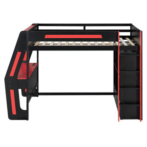English Elm Full Size Gaming Loft Bed with Rgb Lighting Desk Usb Ports Drawers and Storage Cubbies Black+Red LT000287AAJ