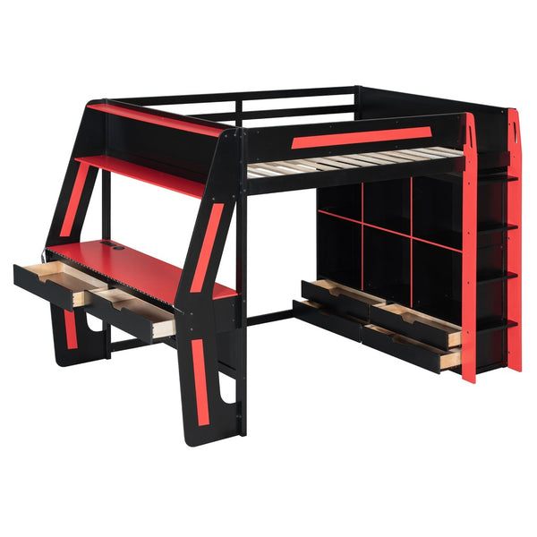 English Elm Full Size Gaming Loft Bed with Rgb Lighting Desk Usb Ports Drawers and Storage Cubbies Black+Red LT000287AAJ