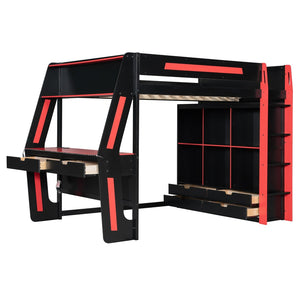 English Elm Full Size Gaming Loft Bed with Rgb Lighting Desk Usb Ports Drawers and Storage Cubbies Black+Red LT000287AAJ