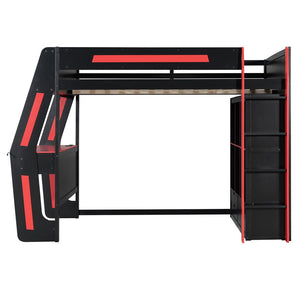 English Elm Full Size Gaming Loft Bed with Rgb Lighting Desk Usb Ports Drawers and Storage Cubbies Black+Red LT000287AAJ