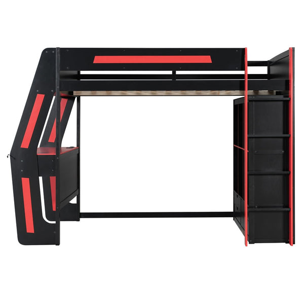 English Elm Full Size Gaming Loft Bed with Rgb Lighting Desk Usb Ports Drawers and Storage Cubbies Black+Red LT000287AAJ