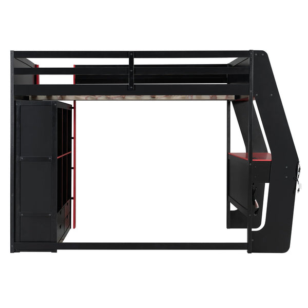 English Elm Full Size Gaming Loft Bed with Rgb Lighting Desk Usb Ports Drawers and Storage Cubbies Black+Red LT000287AAJ