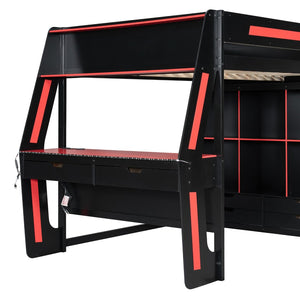English Elm Full Size Gaming Loft Bed with Rgb Lighting Desk Usb Ports Drawers and Storage Cubbies Black+Red LT000287AAJ