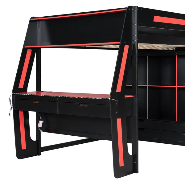 English Elm Full Size Gaming Loft Bed with Rgb Lighting Desk Usb Ports Drawers and Storage Cubbies Black+Red LT000287AAJ