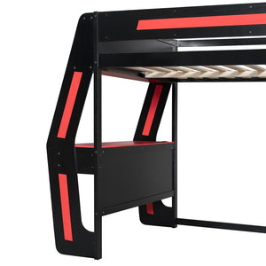 English Elm Full Size Gaming Loft Bed with Rgb Lighting Desk Usb Ports Drawers and Storage Cubbies Black+Red LT000287AAJ