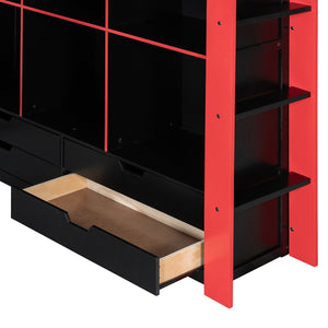 English Elm Full Size Gaming Loft Bed with Rgb Lighting Desk Usb Ports Drawers and Storage Cubbies Black+Red LT000287AAJ