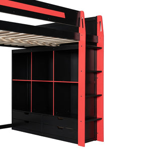 English Elm Full Size Gaming Loft Bed with Rgb Lighting Desk Usb Ports Drawers and Storage Cubbies Black+Red LT000287AAJ